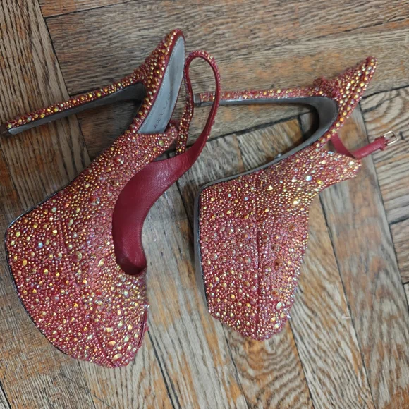 Sergio Rossi Straussed Rhinestone Red Heels 7.5 37.5 - Picture 7 of 7